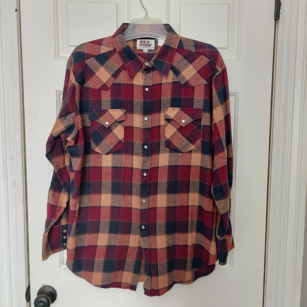 Ely Cattleman Mens 2XL Plaid Western Pearl Snap Flannel Shirt Burgundy Tan Navy